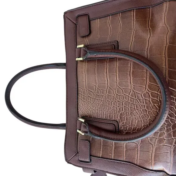 Merona Brown Croc Print Faux Leather Studded Double Handle Handbag Satchel - Picture 10 of 10